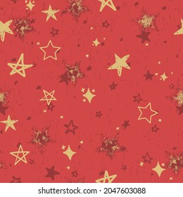 Christmas seamless golden star pattern with beige, grey colors and texture silver foil. Seamless pattern with stars on red background. Vector illustration.
