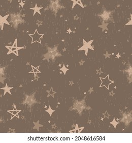 Christmas seamless golden star pattern with beige, grey colors and texture brown foil. Seamless pattern with stars on brown background. Vector illustration.