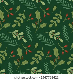 Christmas seamless green background with leaves, pine branches and berries. Hand drawn botanical pattern 