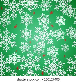 Christmas seamless green pattern background with bright snowflakes and stars. Vector illustration.
