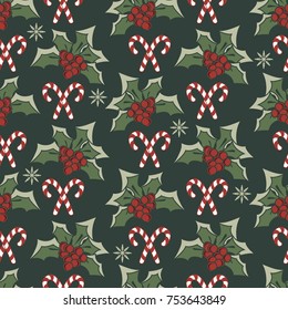 Christmas seamless green pattern with traditional decorative elements. Vector.
