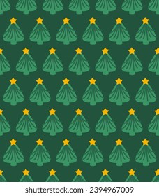 Christmas seamless green pattern with trees and stars. Holidays design.