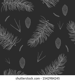 Christmas seamless hand drawn pattern with fir tree branches and pine cones. New year, Xmas monochrome texture. Black and white vector illustration on dark background.