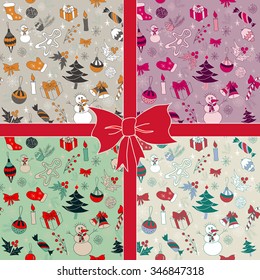 Christmas seamless hand drawn pattern in 4 color variants. Vector illustration in eps8 format.