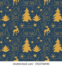 Christmas seamless hand-drawn winter pattern of doodle Christmas elements on a dark background. Houses, Christmas trees, deer, snowflakes, stars, mittens. For postcards, banners, wrappers, invitations