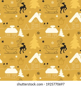 Christmas seamless hand-drawn winter pattern made of doodle Christmas elements. Houses, Christmas trees, trees, deer, Santa, snowman, snowflakes, stars, mittens. For postcards, banners, wrappers