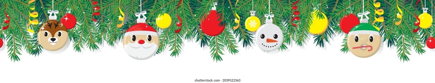 Christmas seamless horizontal border frame. Tree branches with balls Santa, Elf, Snowman and deer. For kids celebration banners, headers, posters.
