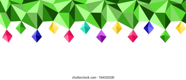 Christmas seamless horizontal border. Low Poly Christmas tree with light bulbs in vector