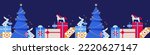Christmas seamless horizontal border made of Christmas winter decoration elements, holiday gifts, balls and toys, cute rabbits, decorating the Christmas tree. Xmas flat cartoon geometric illustration
