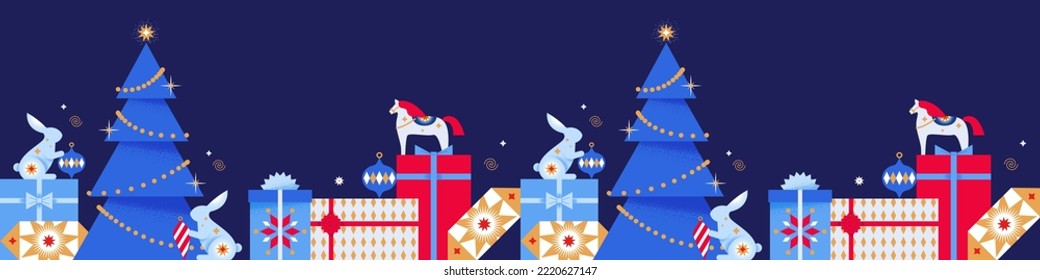 Christmas seamless horizontal border made of Christmas winter decoration elements, holiday gifts, balls and toys, cute rabbits, decorating the Christmas tree. Xmas flat cartoon geometric illustration