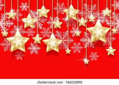 Christmas seamless horizontal pattern with hanging gold stars and snowflakes. Bright New Years border for design. Vector illustration.