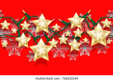 Christmas seamless horizontal pattern of stars, snowflakes and garlands with light bulbs. Bright New Years border for design. Vector illustration.