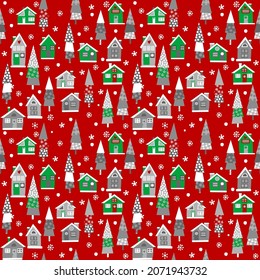 Christmas seamless with houses and trees over red background