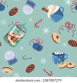 Christmas seamless illustration with drinks and sweets on a blue background. For decorating textiles and packaging.