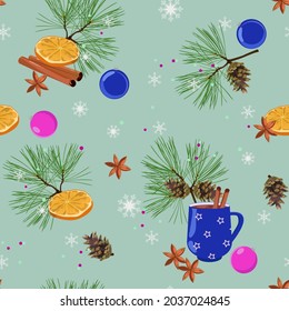 Christmas, seamless illustration with orange, Christmas balls, pine, cone on a green background. For decorating textiles, packaging.