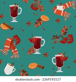 Christmas seamless illustration with rowan branches, cinnamon, orange and hot drink. For decorating textiles and packaging.