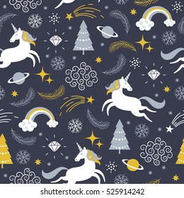 Christmas seamless  illustration with unicorn, merry christmas theme
