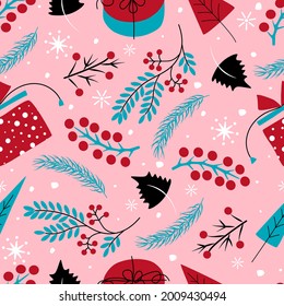 Christmas seamless illustration.Gifts,snowflakes,berries, spruce branches,leaves.Applicable for wrapping paper, textiles, wallpaper, wrappers.