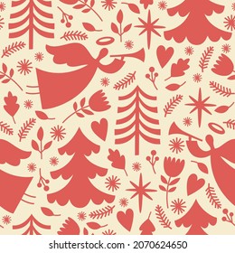 Christmas seamless illustrations. Christmas angels with horn, christmas trees, fir branches, snowflakes