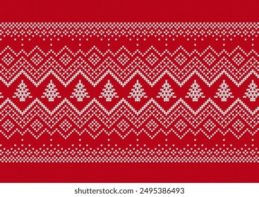 Christmas seamless knit background with trees. Xmas geometric ornament. Holiday red pattern. Knitted sweater print. Fair isle traditional texture. Vector.