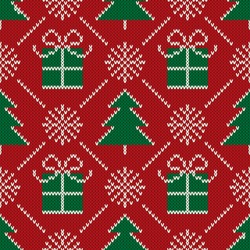 Christmas Seamless Knit Pattern With Holiday Symbols: Christmas Trees, Snowflakes And Present Boxes. Scheme For Knitted Sweater Pattern Design Or Cross Stitch Embroidery