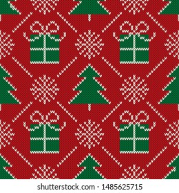 Christmas Seamless Knit Pattern with Holiday Symbols: Christmas Trees, Snowflakes and Present Boxes. Scheme for Knitted Sweater Pattern Design or Cross Stitch Embroidery