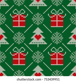 Christmas Seamless Knit Pattern With  Holiday Symbols: Christmas Trees, Snowflakes And Present Boxes. Scheme For Knitted Sweater Pattern Design Or Cross Stitch Embroidery