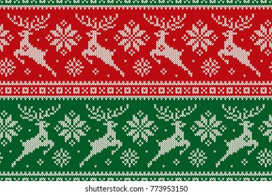 Christmas Seamless Knit Pattern with with Reindeer and Snowflakes. Scheme for Cross Stitch Embroidery and Knitted Sweater Pattern Design