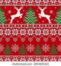 Christmas seamless knitted pattern with deers and pine trees. Nordic pixel art style background for ugly sweater design.