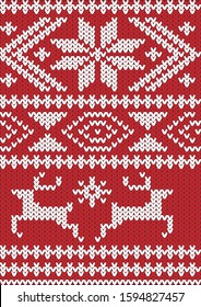Christmas seamless knitted pattern. Festive Scandinavian ornament. Bright textiles for fashionable winter clothes.
