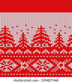 Christmas seamless knitted pattern. Festive Scandinavian ornament. Bright textiles for fashionable winter clothes.