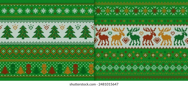 Christmas seamless knitted pattern. Green print with deers, christmas trees, snowmen. Knit sweater texture. Xmas background. Holiday fair isle traditional ornament. Vector illustration.