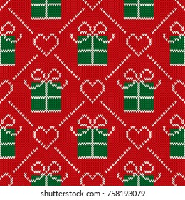 Patrón de punto de Navidad sin problemas con una caja de regalo de Navidad. Diseño de suéter de punto de lana
