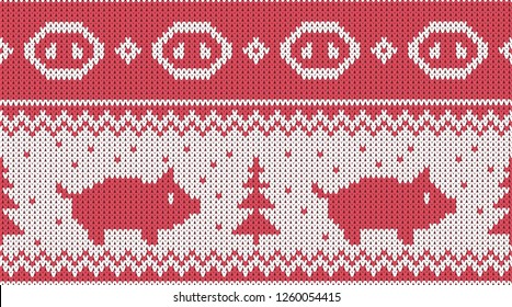 Christmas seamless knitted pattern with piglet and the fir christmas trees. Happy new 2019 year - chinese new year of the earth pig vector illustration.