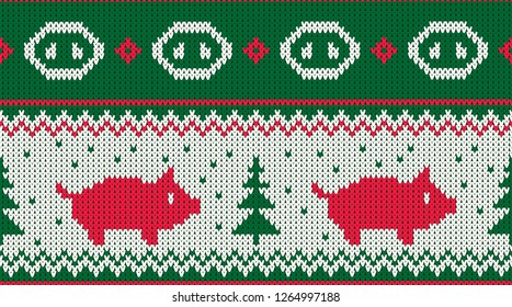 Christmas seamless knitted pattern with piglet and the fir christmas trees. Happy new 2019 year - chiness new year of the earth pig vector illustration.