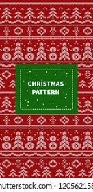 Christmas seamless knitted pattern with a red and white christmas symbols: presents, gift boxes, snowflakes, snowmen, houses and christmas trees. Wool knitting sweater design.