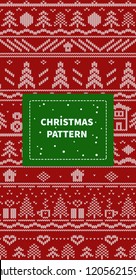 Christmas seamless knitted pattern with a red and white christmas symbols: presents, gift boxes, snowflakes, snowmen, houses and christmas trees. Wool knitting sweater design.