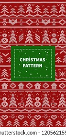 Christmas seamless knitted pattern with a red and white christmas symbols: presents, gift boxes, snowflakes, snowmen, houses and christmas trees. Wool knitting sweater design.