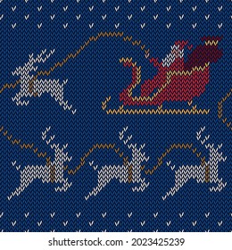 Christmas Seamless Knitted pattern with Santa Claus Rides Reindeer Sleigh. Festive, Holiday, Winter Stitch embroidery vector illustration. Nordic tradition sweater. Navy blue background.