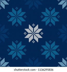 Christmas Seamless Knitted Pattern with Snowflakes. Christmas and New Year Design Background. Knitting Sweater Design