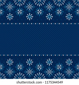 Christmas Seamless Knitted Pattern with Snowflakes. Christmas and New Year Design Background with a Place for Text. Knitting Sweater Design