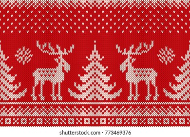 Christmas Seamless Knitted Pattern with a Christmas Trees and Elks. Winter Holiday Knitting Sweater Design. Wool Knit Texture