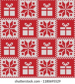 Christmas Seamless Knitting Pattern with Present Box and Snowflakes