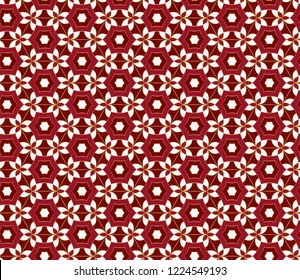 Christmas seamless lace pattern. Geometric mosaic background Red and gold kaleidoscope. Oriental ornament. Easy to use vector design template for greeting cards, fabric, wrap, wallpapers, etc