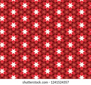 Christmas seamless lace pattern. Geometric mosaic background Red and gold kaleidoscope. Oriental ornament. Easy to use vector design template for greeting cards, fabric, wrap, wallpapers, etc