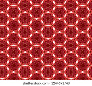Christmas seamless lace pattern. Geometric mosaic background Red and gold kaleidoscope. Oriental ornament. Easy to use vector design template for greeting cards, fabric, wrap, wallpapers, etc