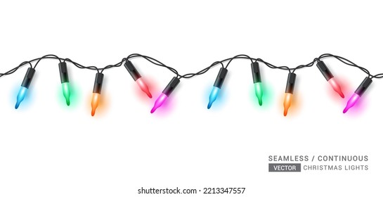 Christmas seamless lights vector design. Seamless sparkling xmas light with hanging colorful glowing bulb isolated in white background. Vector Illustration.