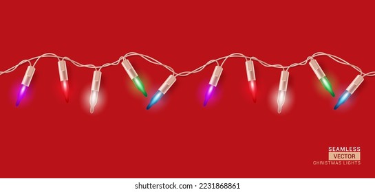 Diseño vectorial de luces de Navidad impecables. Luz de Navidad con colorida bombilla brillante en un fondo continuo e interminable de decoración de garland. Ilustración vectorial.