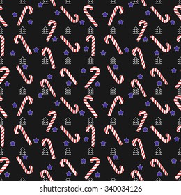 Christmas seamless lollipop pattern with Candy cane, stars and abstract trees. Festive background with hard candies. Christmas and New Year concept. Vector illustration.