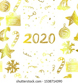 Christmas seamless Messy Vector pattern. Star, gift, ball, candy, snowflake, Santa hat on a white background. Hand-drawn tangled golden line of Christmas decorations. Symbols of winter holidays 2020